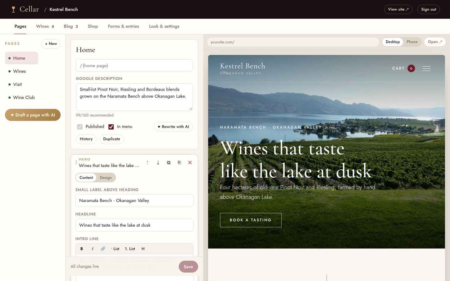 Cellar editor: page settings and content fields on the left, a live preview of the page on the right
